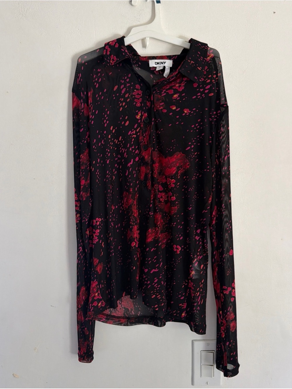 DKNY Black Sheer Button-Up Blouse with Red Print